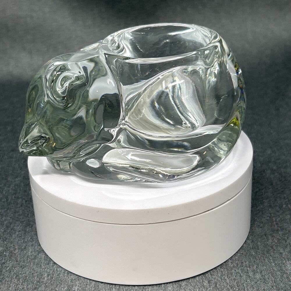 Vintage Indiana Glass Sleeping Cat Votive Candle Holder Crystal Paperweight